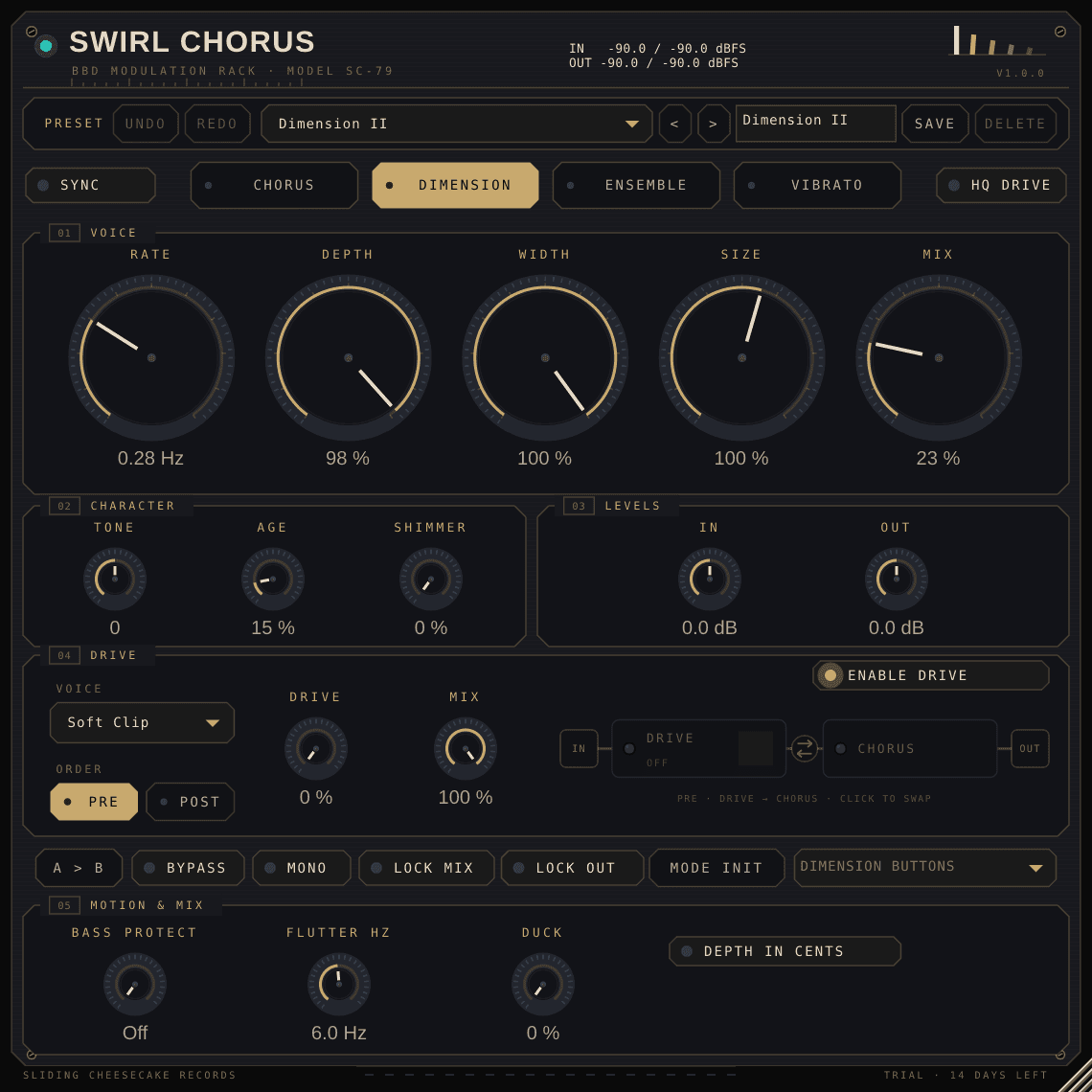 Swirl Chorus with its modulation, drive and mix controls